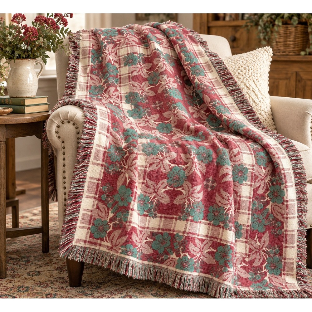 Vintage Reversible Woven Throw Blanket 46x69 Floral Plaid Red Green Cottagecore
